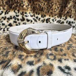 WOMEN'S LIZ CLAIBORNE WHITE FULL GRAIN LEATHER BELT SIZE M 30-32 GOLD BUCKLE